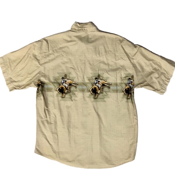 Vintage Wrangler Pearl Snap Shirt Aztec Bull Rider Size XL Short Sleeve Tan - Picture 3 of 5